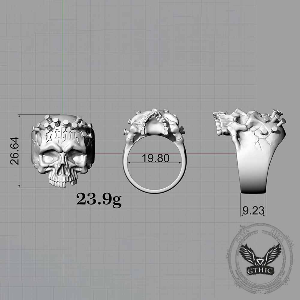 Gothic Bullet Crown Skull Sterling Silver Ring