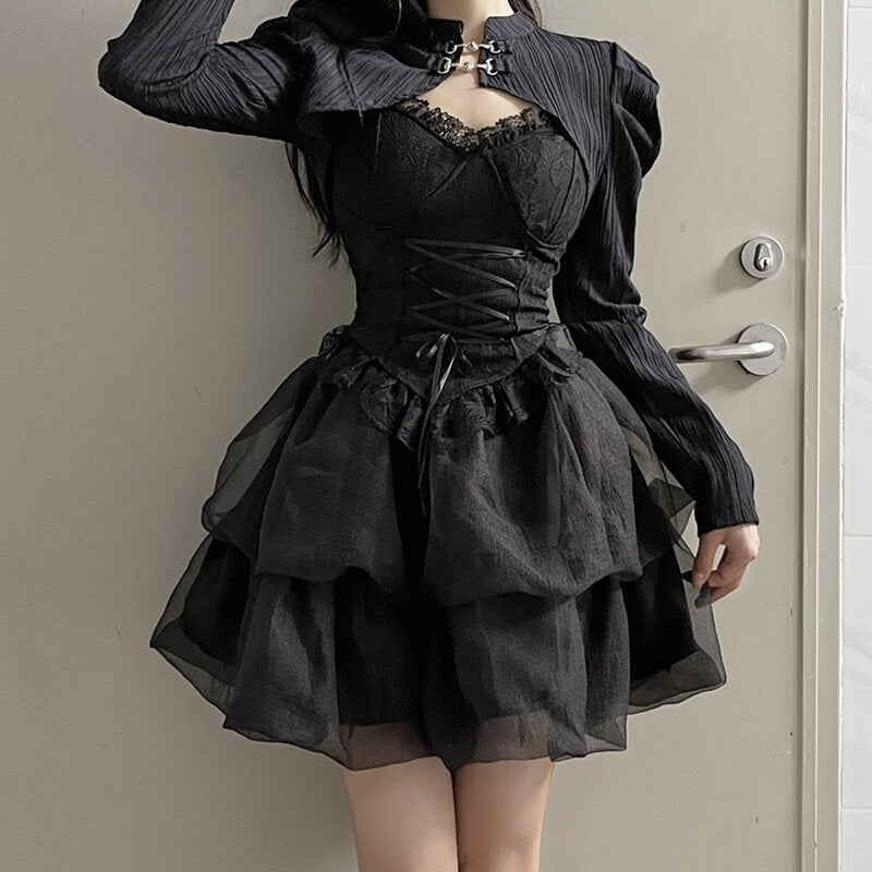 Gothic Cape Strap Lace Flower Pattern Skirt