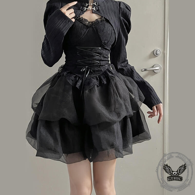 Gothic Cape Strap Lace Flower Pattern Skirt