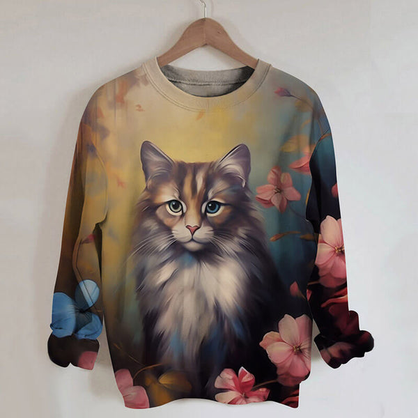 Gothic Cat and Flower Round Neck Sweatshirt