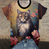 Gothic Cat and Flower Round Neck T-Shirt