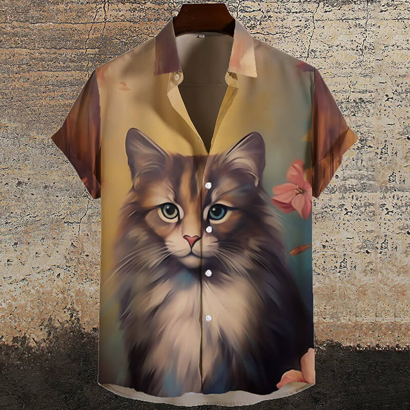 Gothic Cat and Flower Short Sleeve Shirt