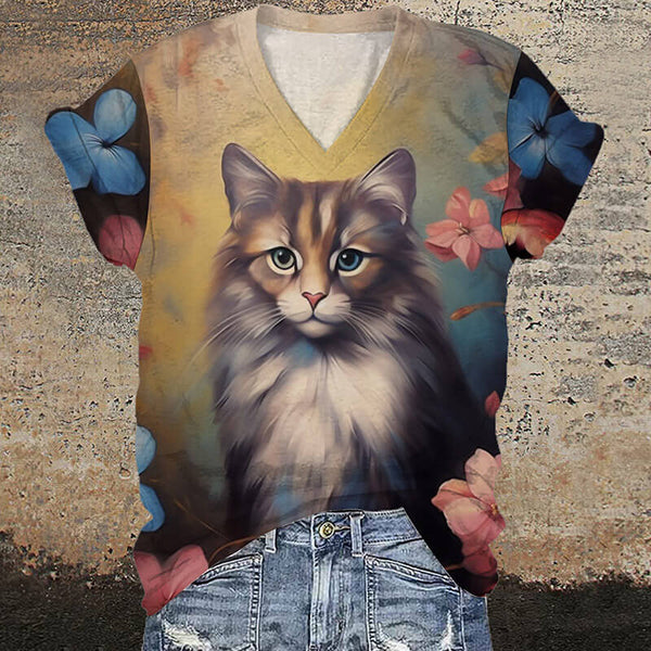 Gothic Cat and Flower V-Neck T-Shirt