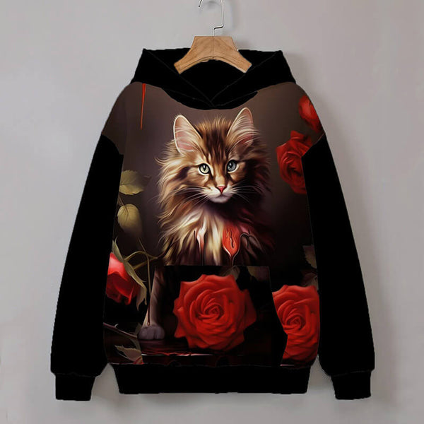 Gothic Cat Rose Print Cotton Blend Hoodie | Gthic.com