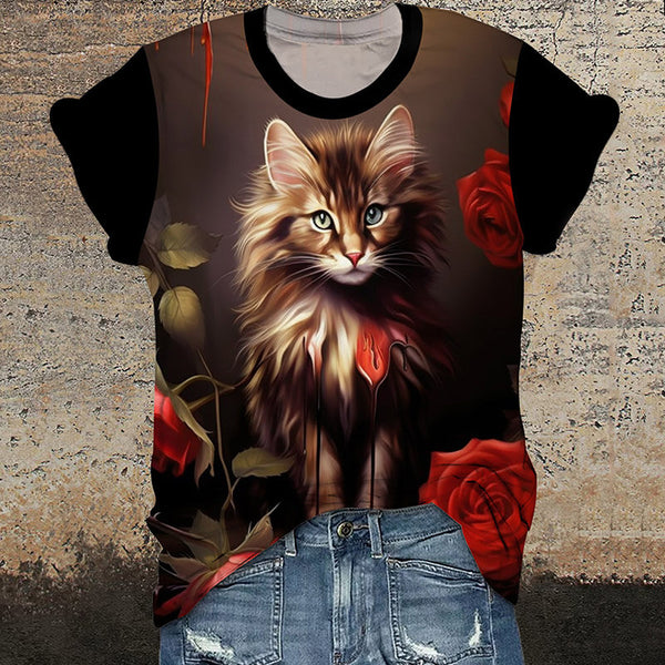 Gothic Cat Rose Print Round Neck Short Sleeve T-Shirt | Gthic.com