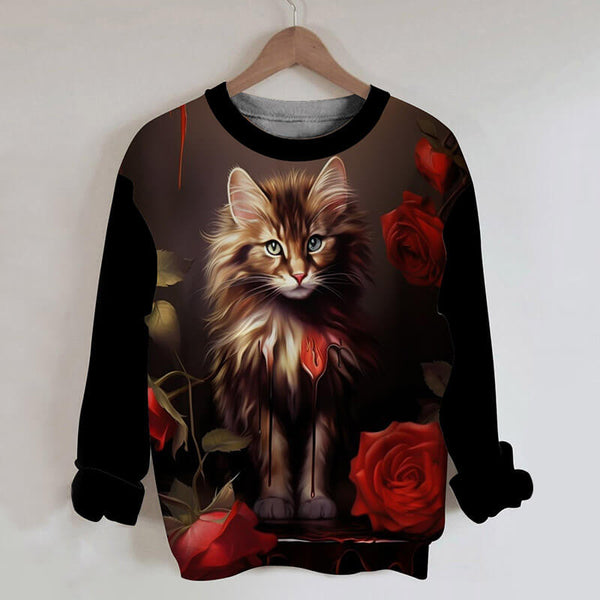 Gothic Cat Rose Print Round Neck Sweatshirt | Gthic.com