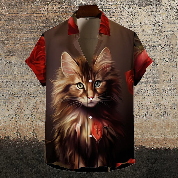 Gothic Cat Rose Print Short Sleeve Shirt | Gthic.com