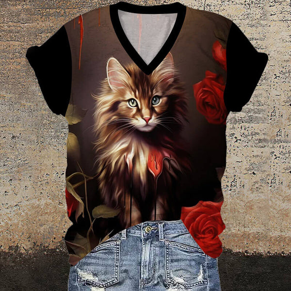 Gothic Cat Rose Print V-Neck Short Sleeve T-Shirt | Gthic.com