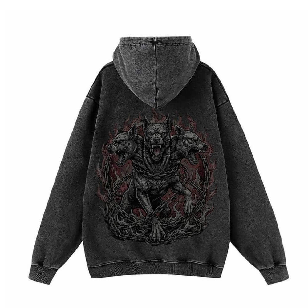 Gothic Cerberus Graphic Vintage Washed Hoodie