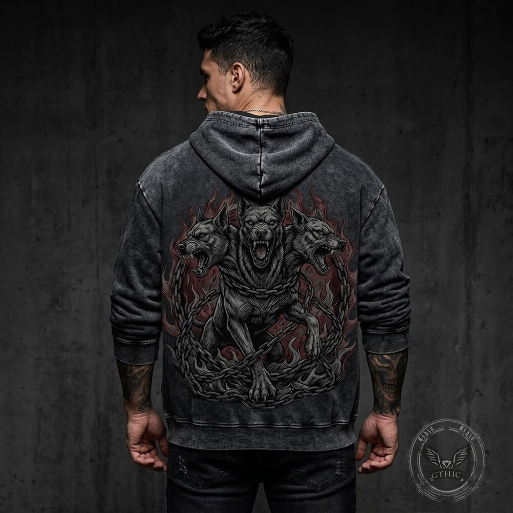 Gothic Cerberus Graphic Vintage Washed Hoodie | Gthic.com