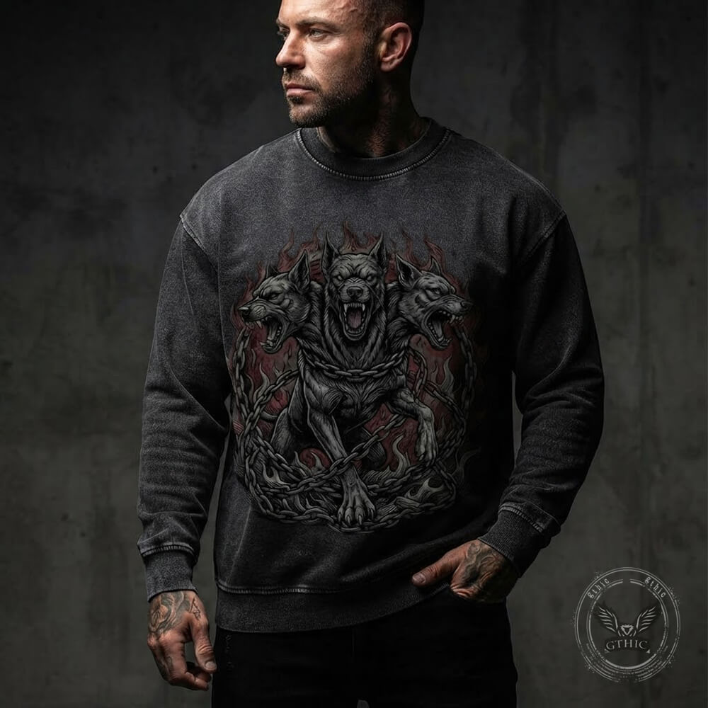 Gothic Cerberus Graphic Vintage Washed Sweatshirt | Gthic.com