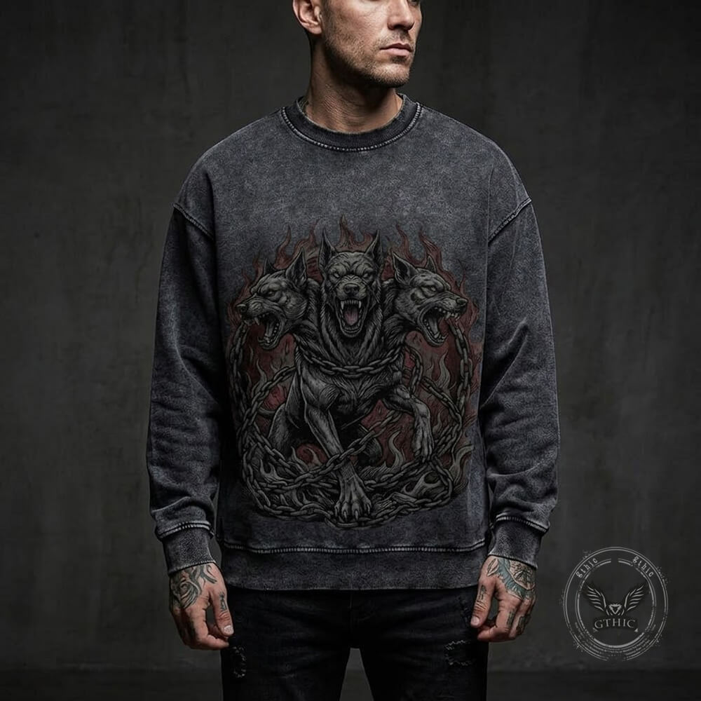 Gothic Cerberus Graphic Vintage Washed Sweatshirt | Gthic.com