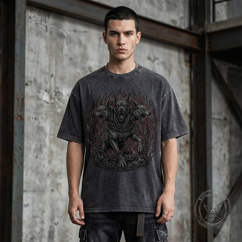 Gothic Cerberus Graphic Vintage Washed T-Shirt | Gthic.com