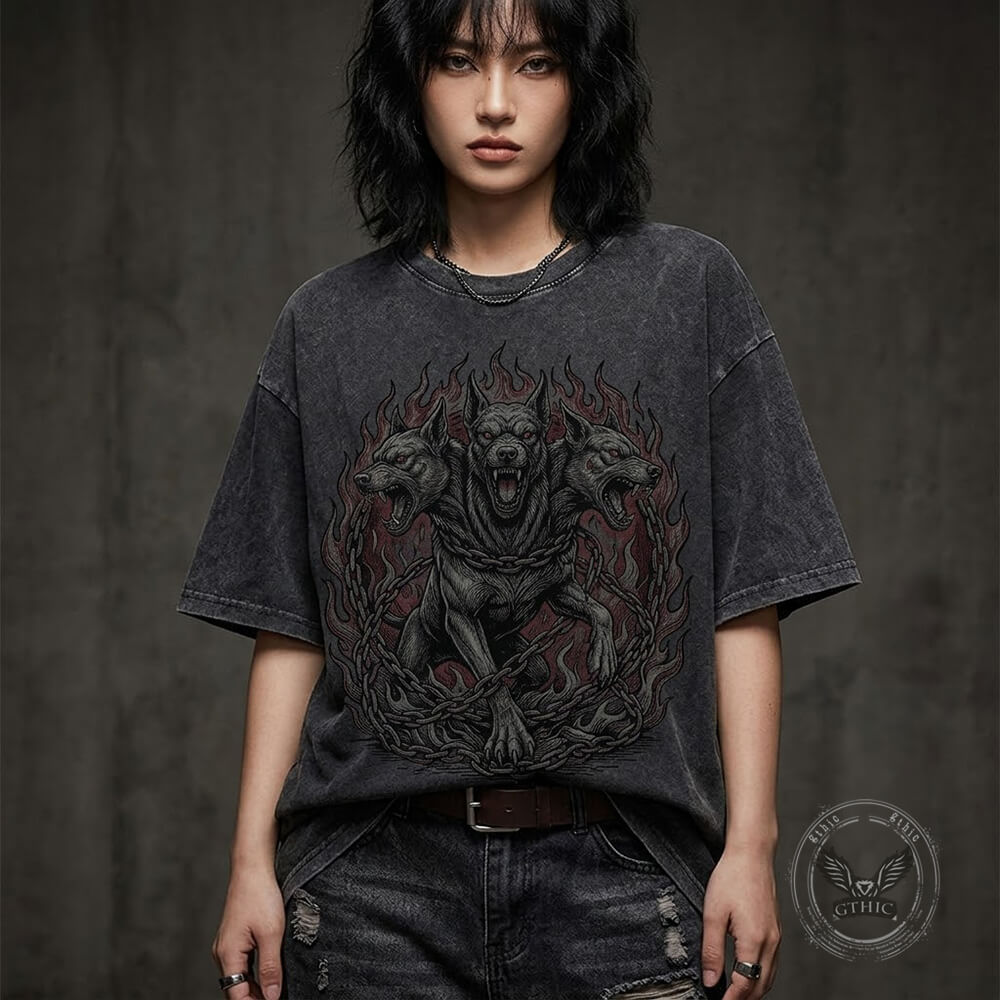 Gothic Cerberus Graphic Vintage Washed T-Shirt | Gthic.com