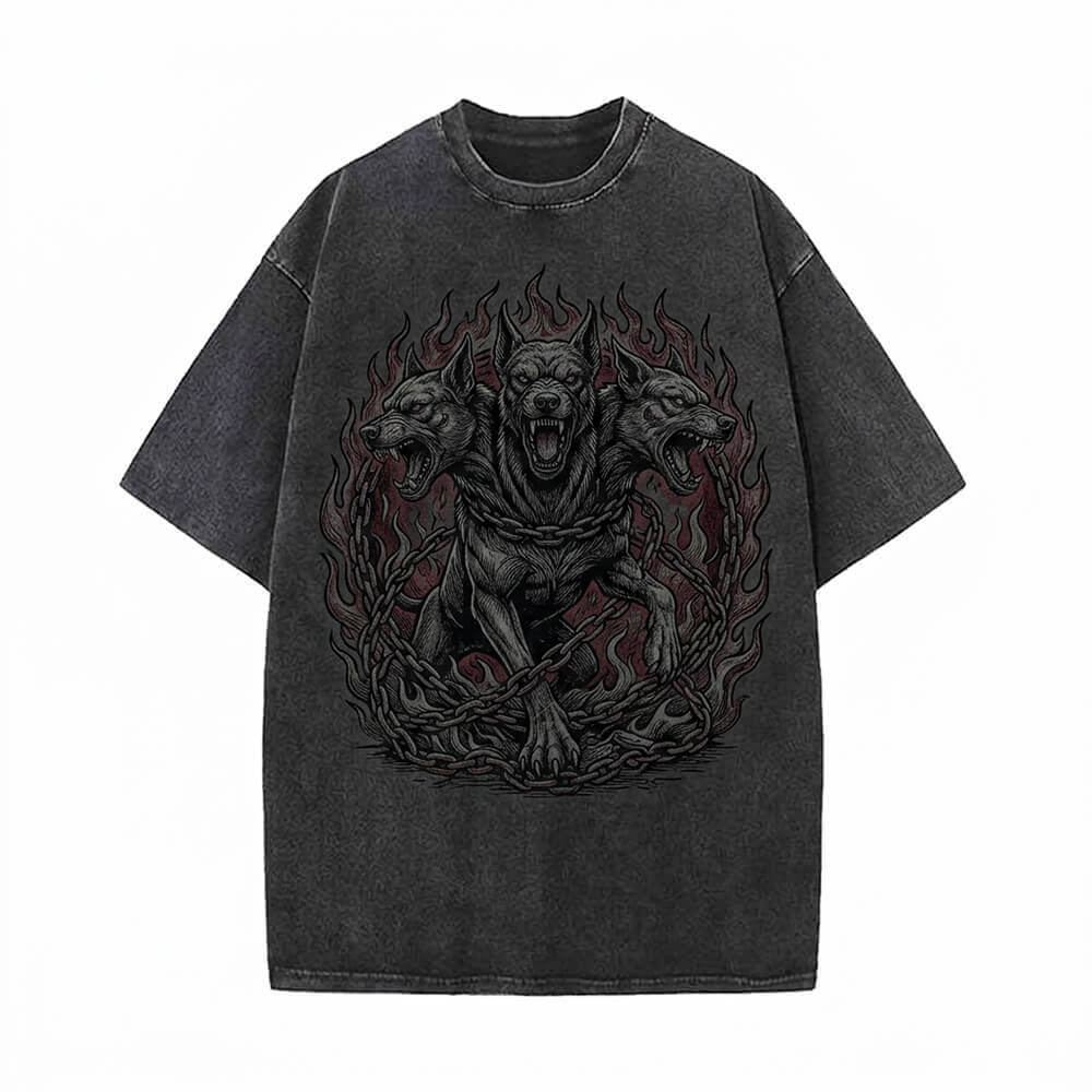 Gothic Cerberus Graphic Vintage Washed T-Shirt