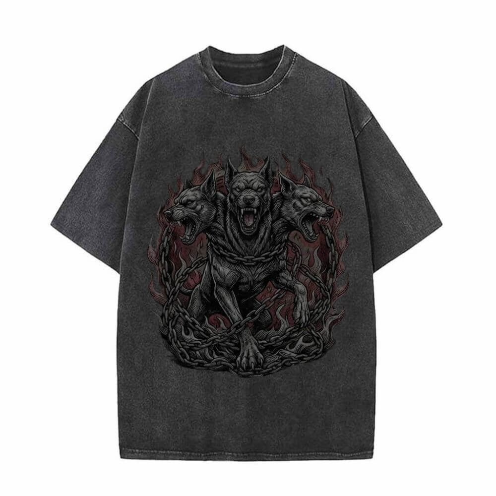 Gothic Cerberus Graphic Vintage Washed T-Shirt