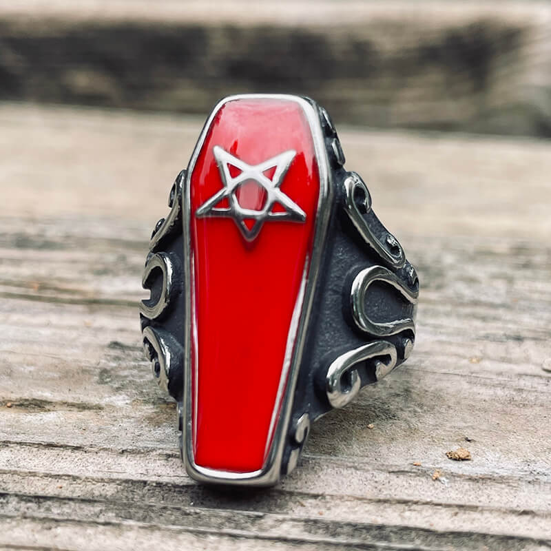 Gothic Coffin Pentagram Stainless Steel Ring | Gthic.com