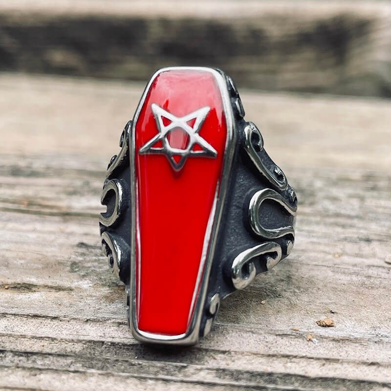 Gothic Coffin Pentagram Stainless Steel Ring | Gthic.com