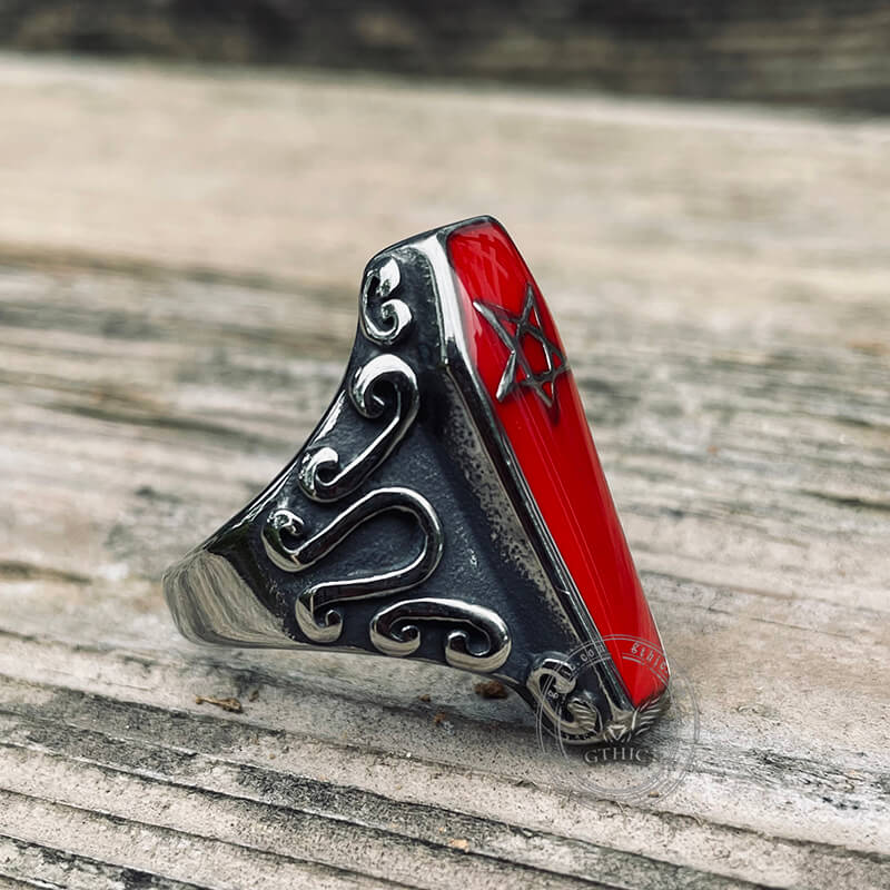 Gothic Coffin Pentagram Stainless Steel Ring | Gthic.com