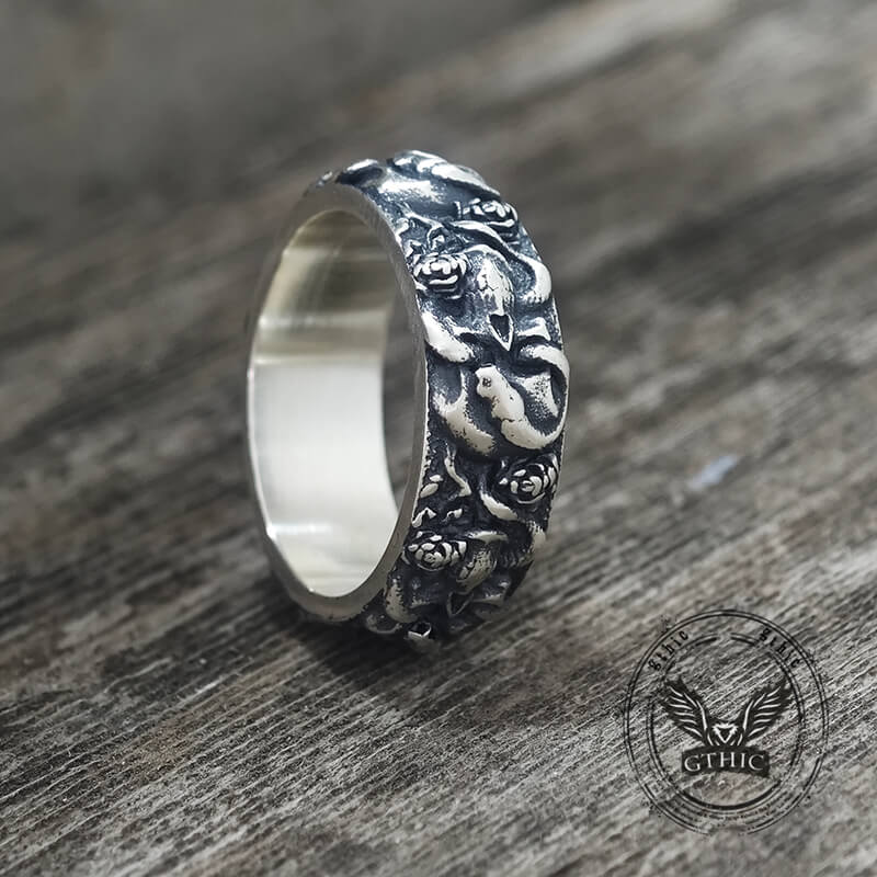 Gothic Coiled Snake Rose Sterling Silver Skull Ring | Gthic.com