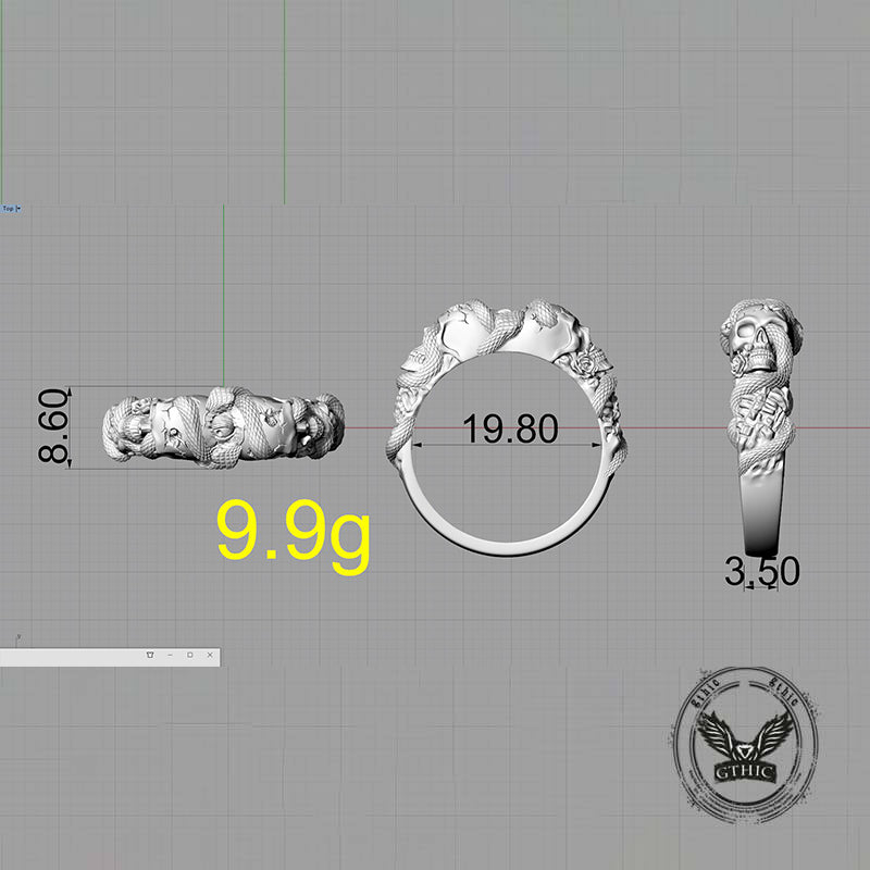 Gothic Coiled Snake Skull Sterling Silver Ring