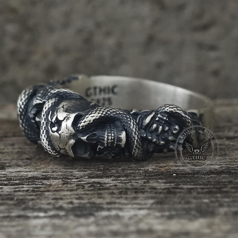 Gothic Coiled Snake Skull Sterling Silver Ring