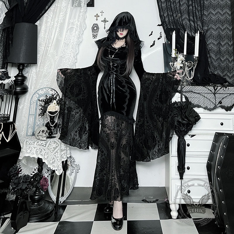 Gothic Cosplay Halloween Trumpet Sleeve Hip Cloak Dress | Gthic.com