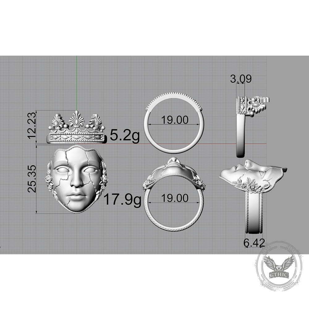 Gothic Cracked Mask Crown Sterling Silver Ring