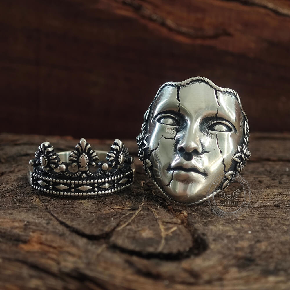 Gothic Cracked Mask Crown Sterling Silver Ring
