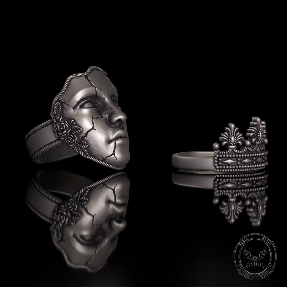 Gothic Cracked Mask Crown Sterling Silver Ring