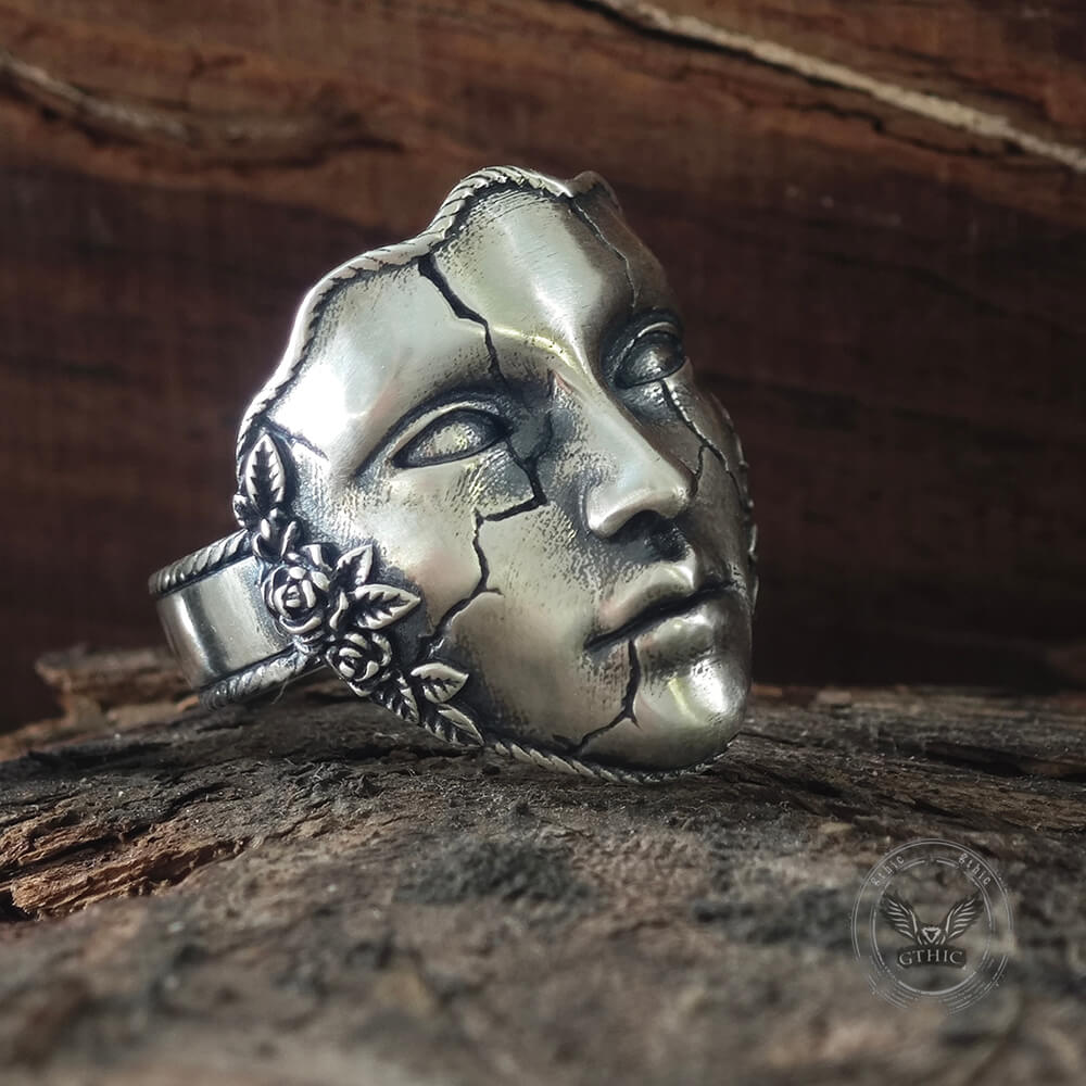 Gothic Cracked Mask Crown Sterling Silver Ring