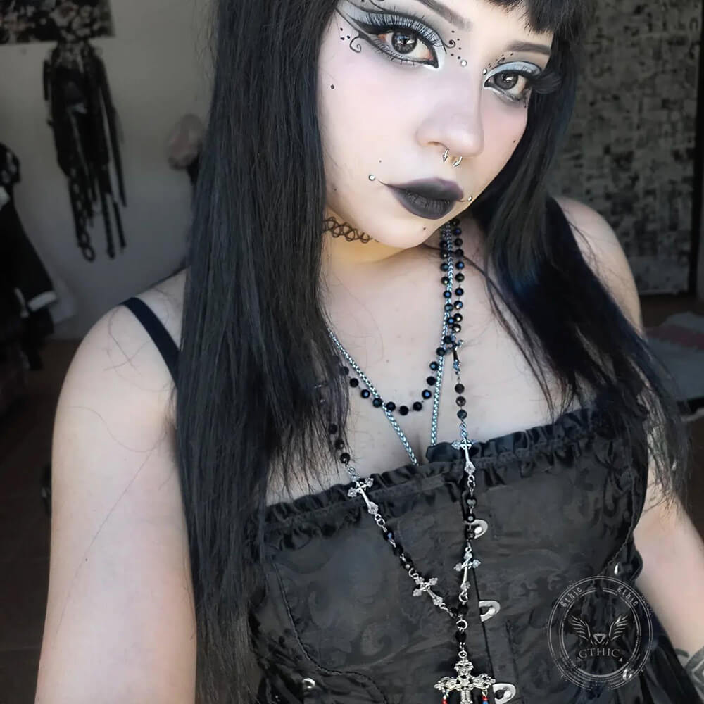 Gothic Cross Beaded Stainless Steel Stacking Necklace