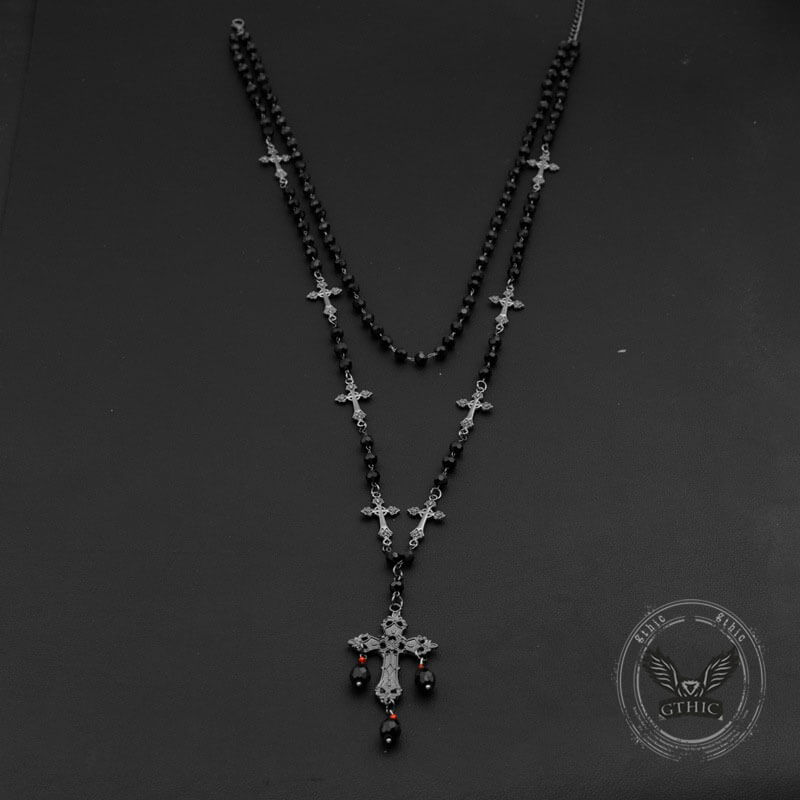 Gothic Cross Beaded Stainless Steel Stacking Necklace