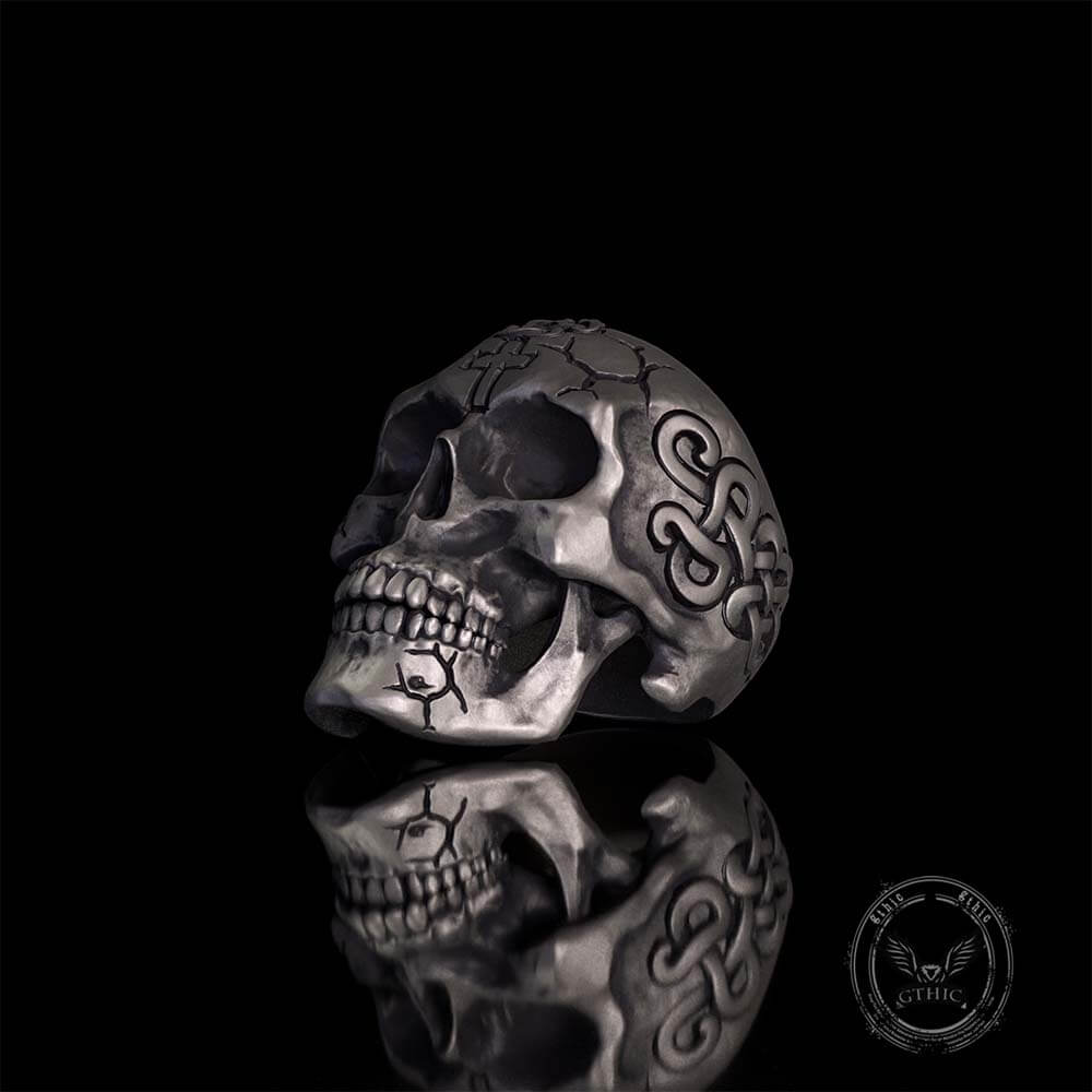 Gothic Cross Celtic Sterling Silver Cracked Skull Ring | Gthic.com