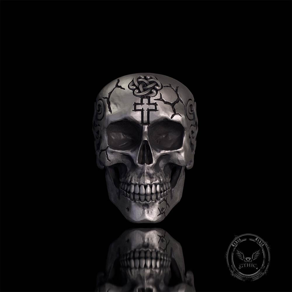Gothic Cross Celtic Sterling Silver Cracked Skull Ring | Gthic.com