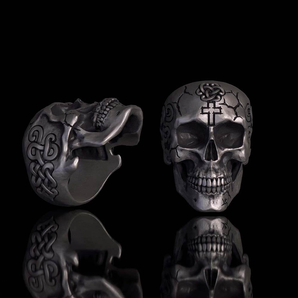 Gothic Cross Celtic Sterling Silver Cracked Skull Ring | Gthic.com