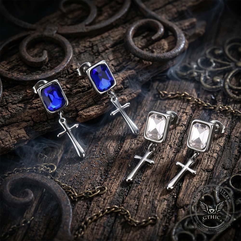 Gothic Cross Gemstone Stainless Steel Drop Earrings | Gthic.com