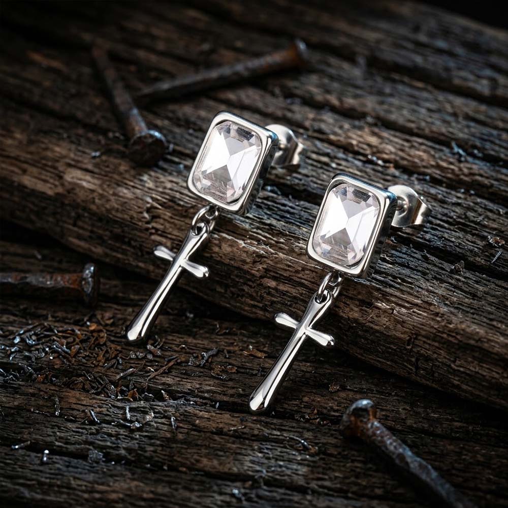 Gothic Cross Gemstone Stainless Steel Drop Earrings | Gthic.com
