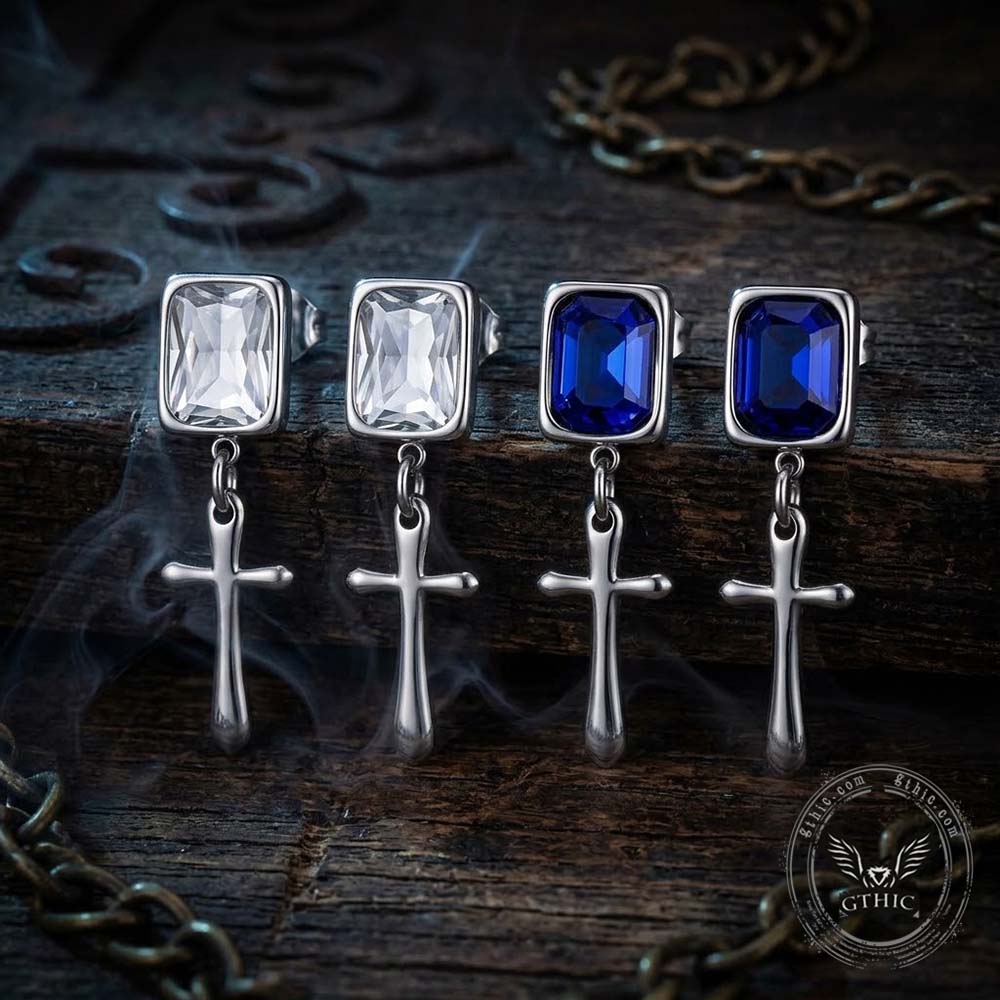 Gothic Cross Gemstone Stainless Steel Drop Earrings