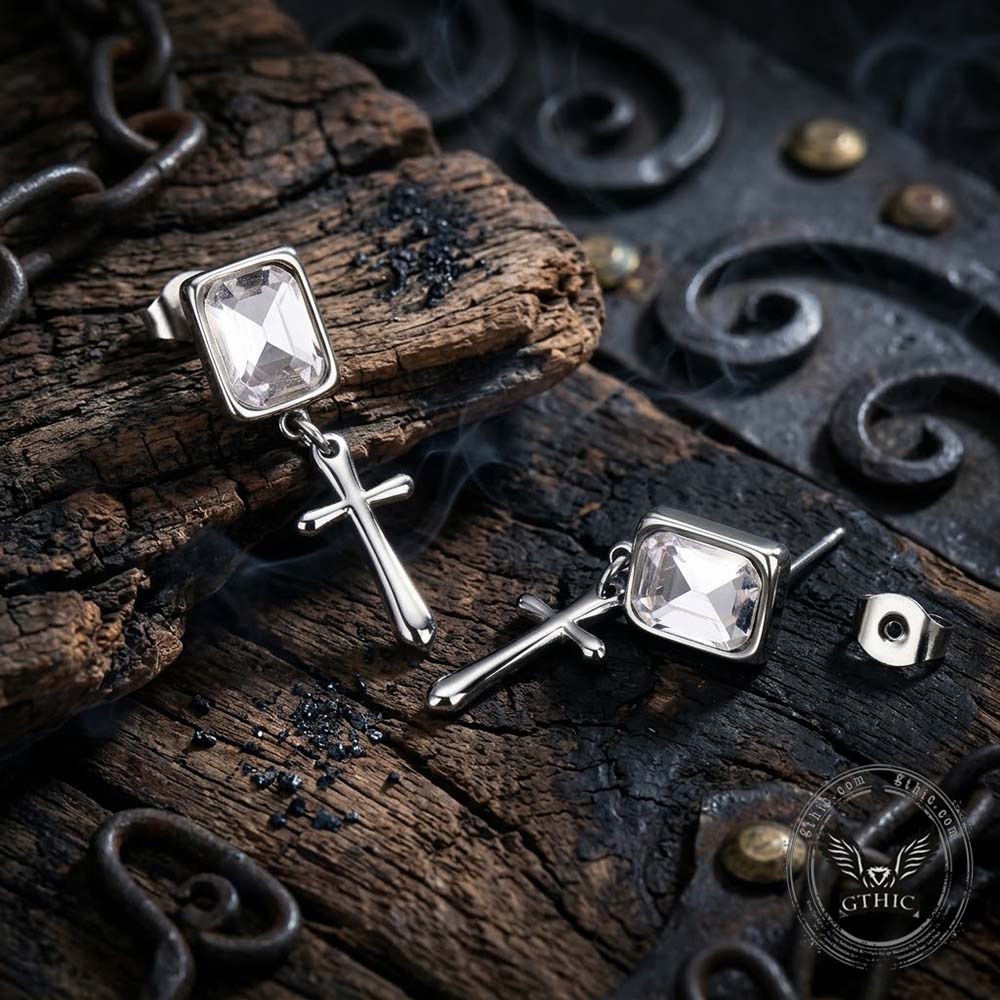 Gothic Cross Gemstone Stainless Steel Drop Earrings