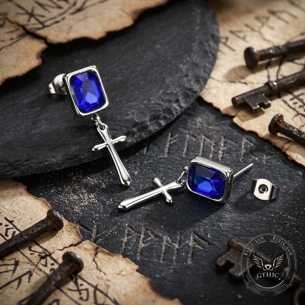 Gothic Cross Gemstone Stainless Steel Drop Earrings