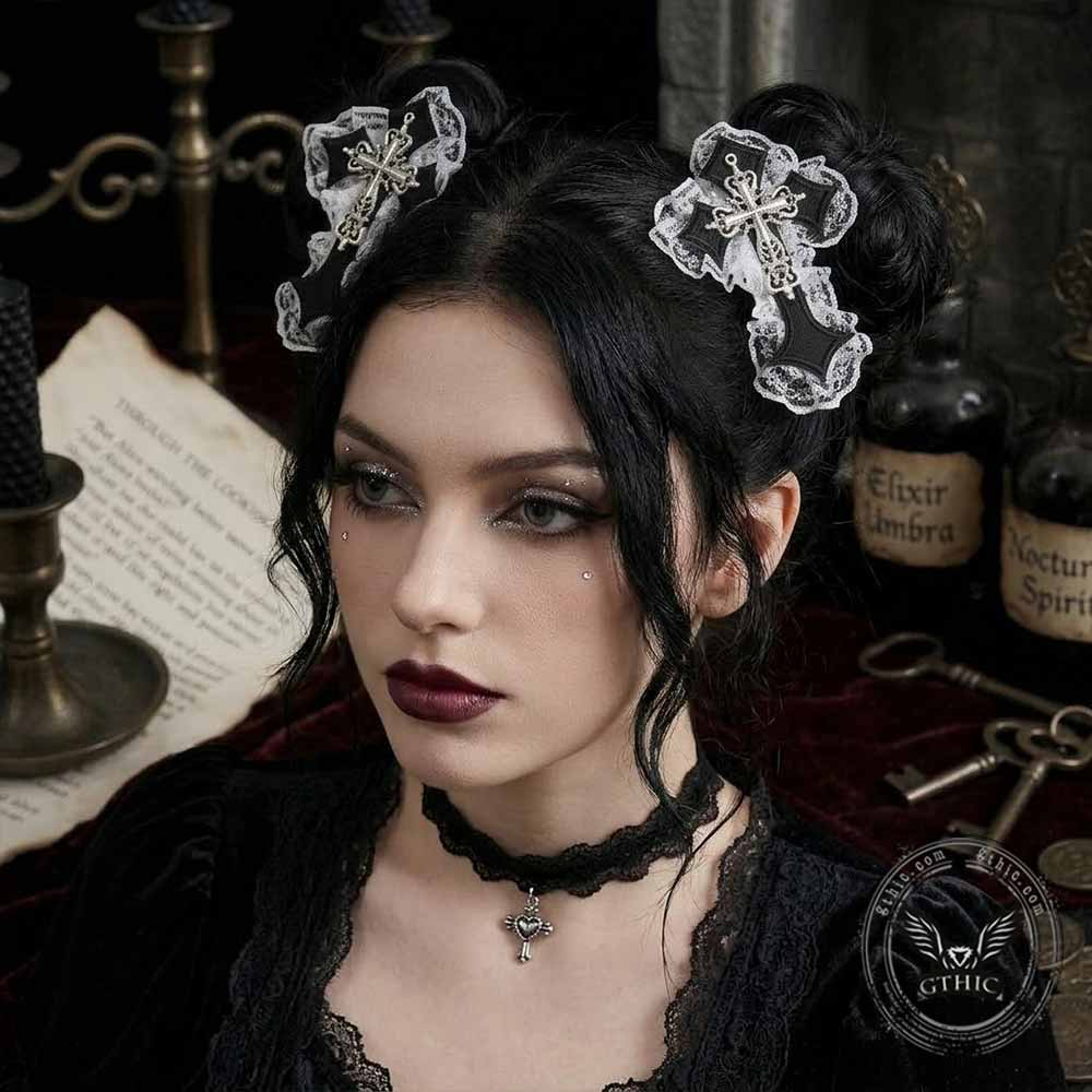 Gothic Cross Lace Fabric Alloy Y2K Hair Clips | Gthic.com