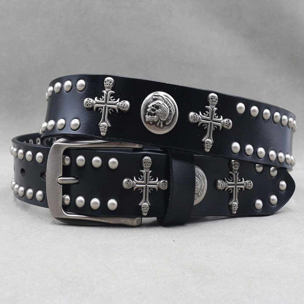 Gothic Cross Skull Studded Y2K Alloy Leather Belt | Gthic.com