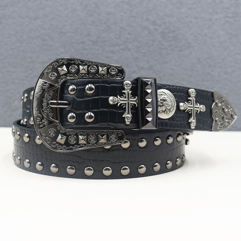 Gothic Cross Skull Studded Y2K Alloy Leather Belt – GTHIC