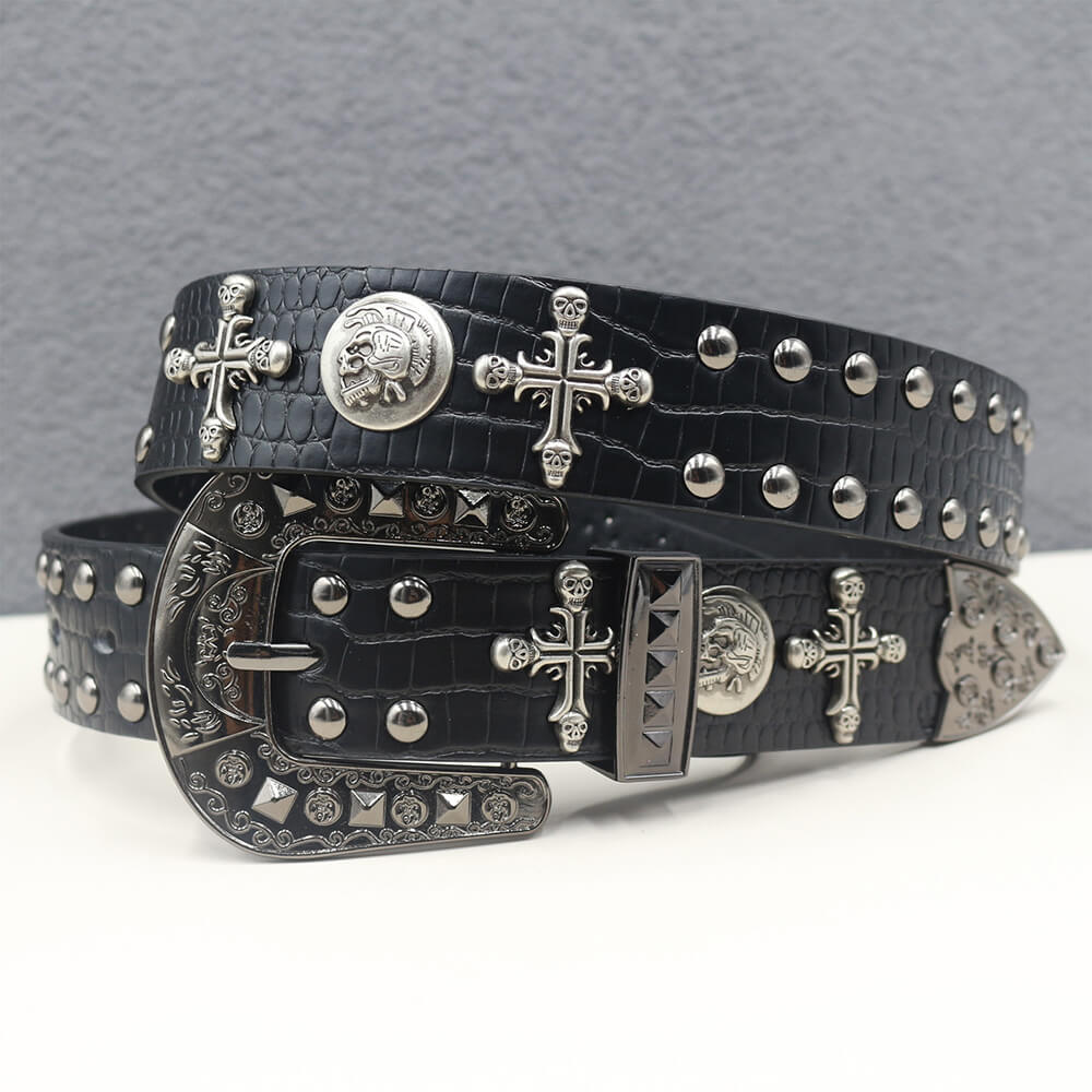 Gothic Cross Skull Studded Y2K Alloy Leather Belt – GTHIC