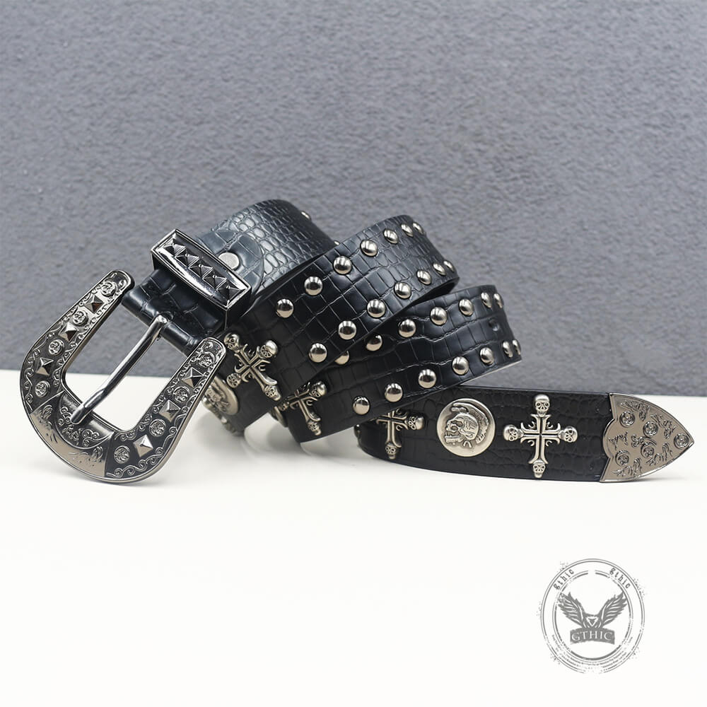 ベルト 00s grunge Italy leather studs belt y2k Gothic Cross Skull Studded Y2K Alloy Leather Belt – GTHIC