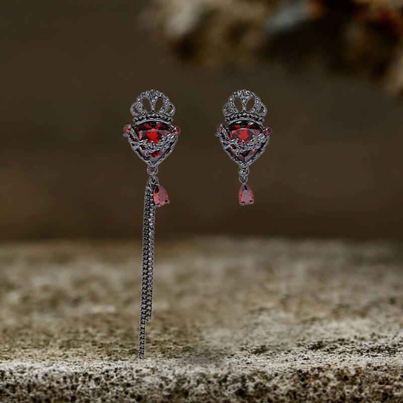 Gothic Crown Heart Chain Asymmetric Alloy Earrings 01 | Gthic.com