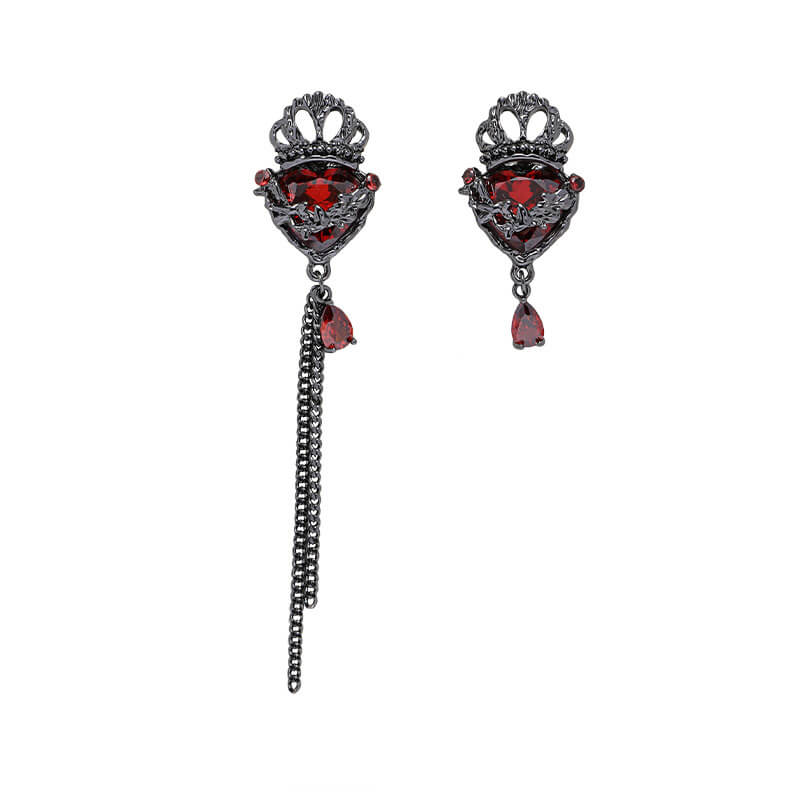 Gothic Crown Heart Chain Asymmetric Alloy Earrings 03 | Gthic.com