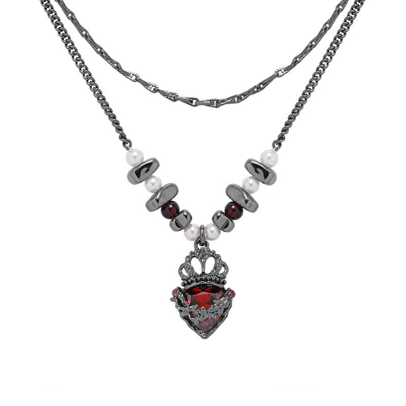 Gothic Crown Heart Double Chain Alloy Necklace 01 | Gthic.com