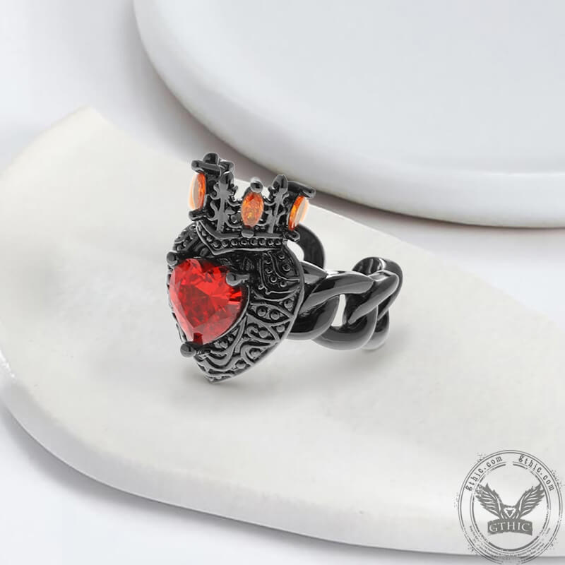 Gothic Crown Heart Shaped Zircon Alloy Open Ring | Gthic.com